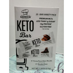 2x Genius Gourmet Keto Bars 20 Bars Variety Pack Gluten Free 10g Protein 1g Sgr