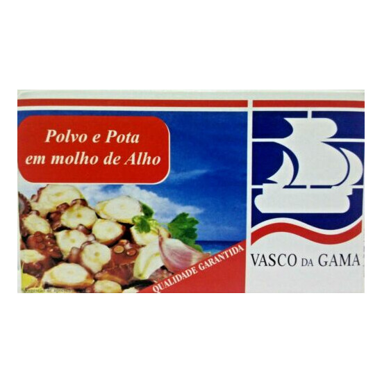 3 CANS OF PORTUGUESE OCTOPUS AND POTA IN GARLIC SAUCE VASCO DA GAMA 120G UK image {1}