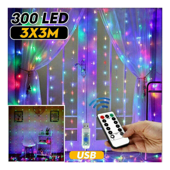 300LED/10ft Curtain Fairy Hanging String Lights Wedding Party Wall Decor Lamp US image {2}